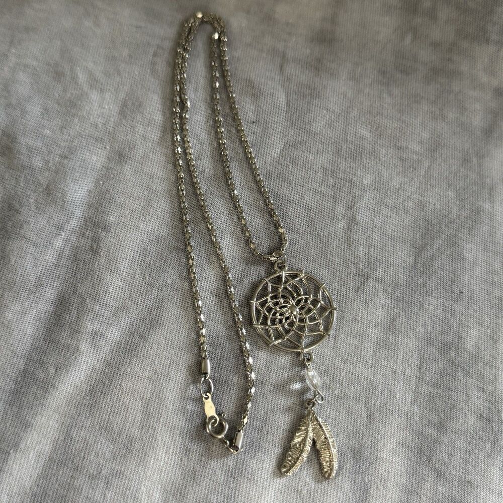 Silver Tone Dreamcatcher Pendant Necklace with Feather Charms